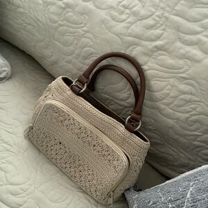 Vintage Cream and Brown Woven Shoulder Bag with Leather Handles